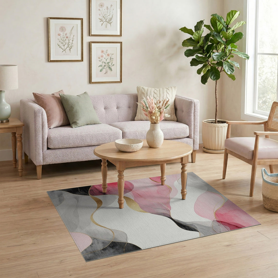 Pink Gold Fluid Wave Abstract Area Rug