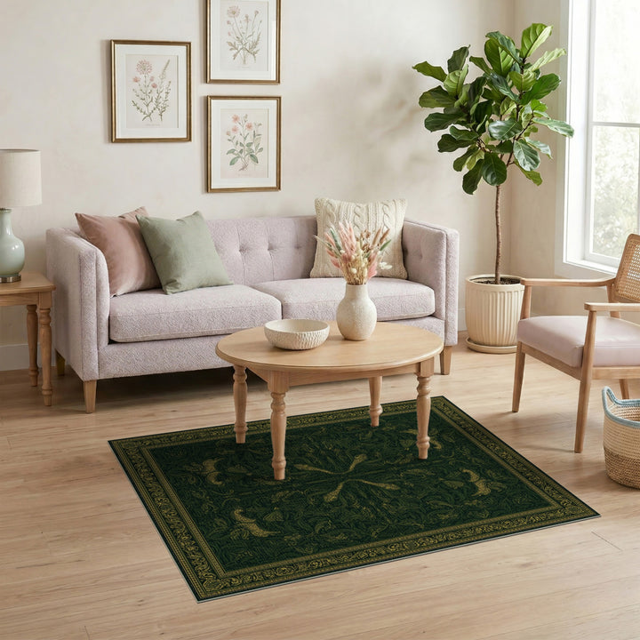 Green Floral Vintage Area Rug with Gold Hares