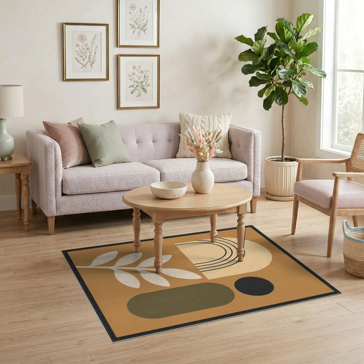 Abstract Brown Geometric Area Rug with Leaf