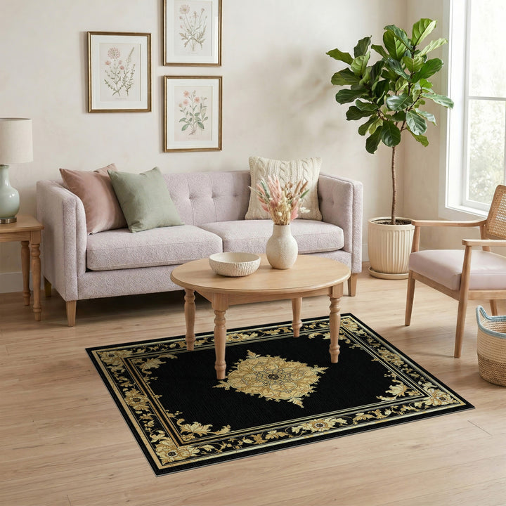 Gold Floral Medallion Black Area Rug