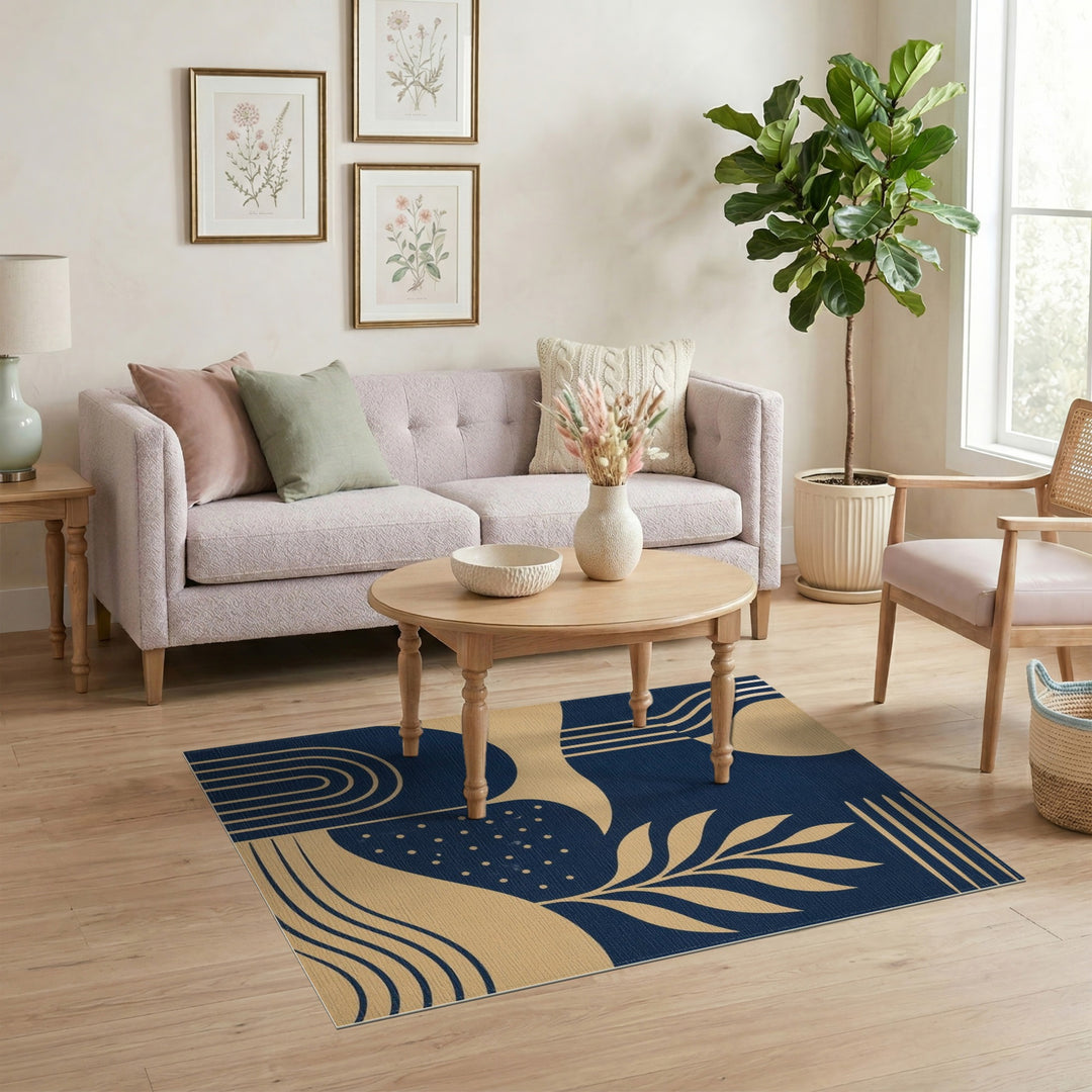 Navy Gold Geometric Leaf Area Rug