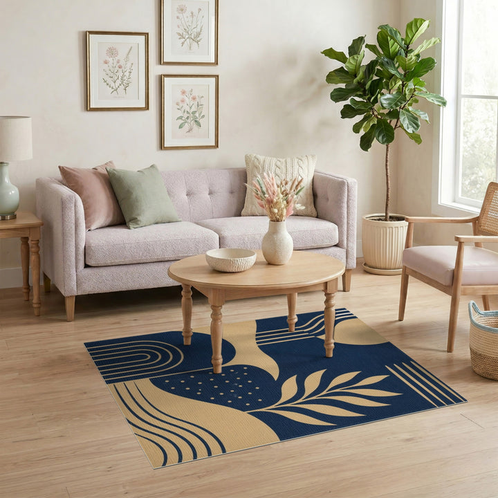 Navy Gold Geometric Leaf Area Rug