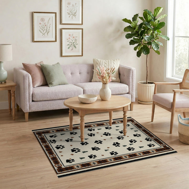Rustic Paw Print Area Rug with Pine Trees