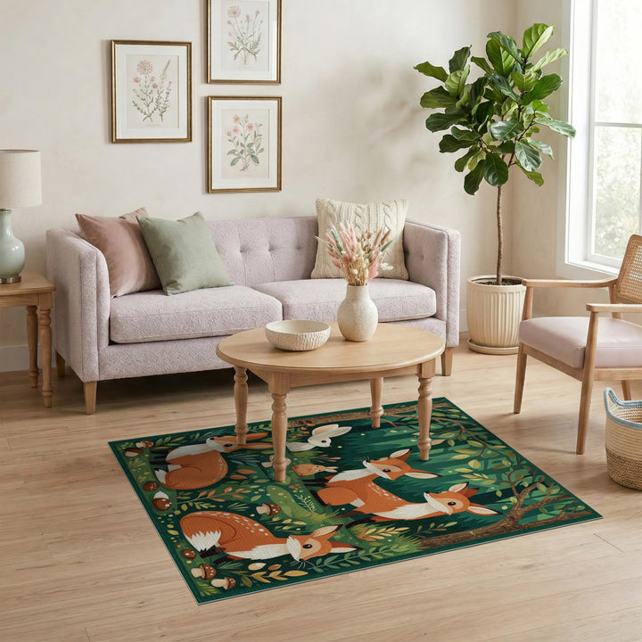 Kids Cartoon Forest Foxes Area Rug
