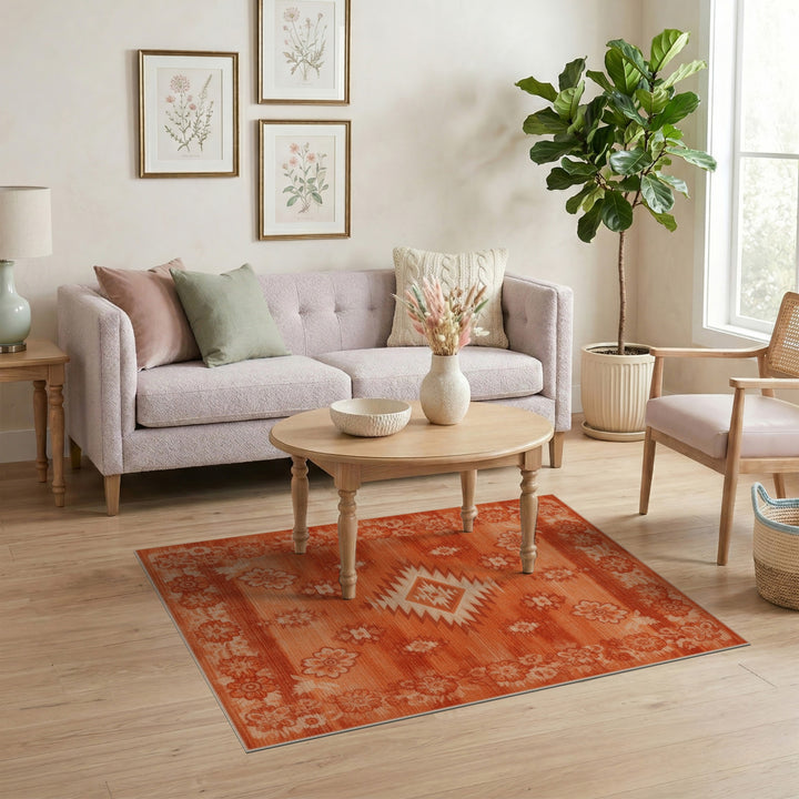 Orange Southwestern Area Rug with Floral Border