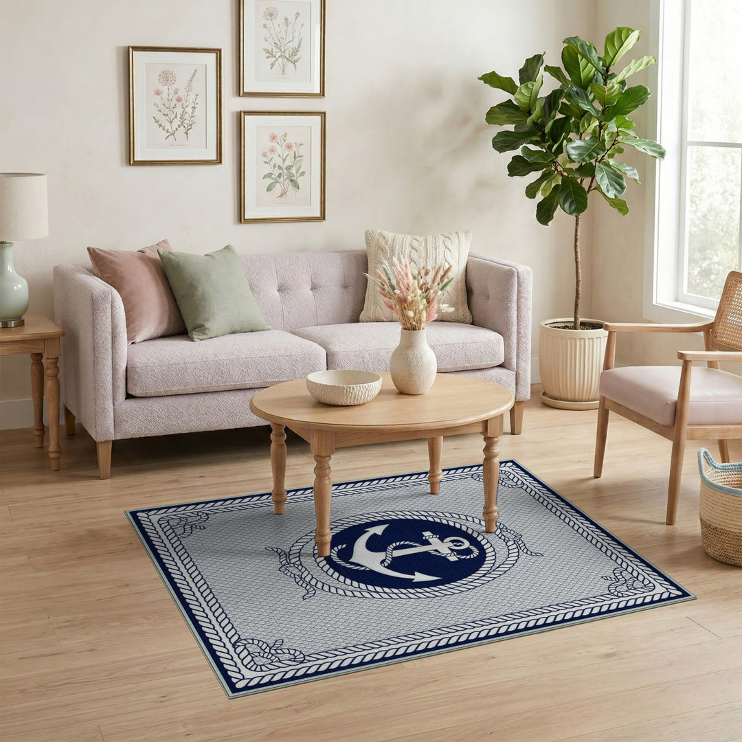 Navy Anchor Rope Coastal Area Rug
