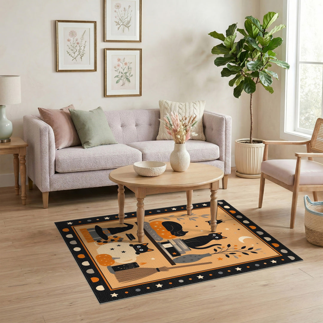 Multi-color and Patterns Black Cat Halloween Washable Area Rug