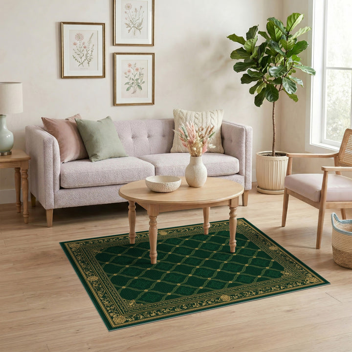 Elegant Dark Green Gold Lattice Persian Area Rug