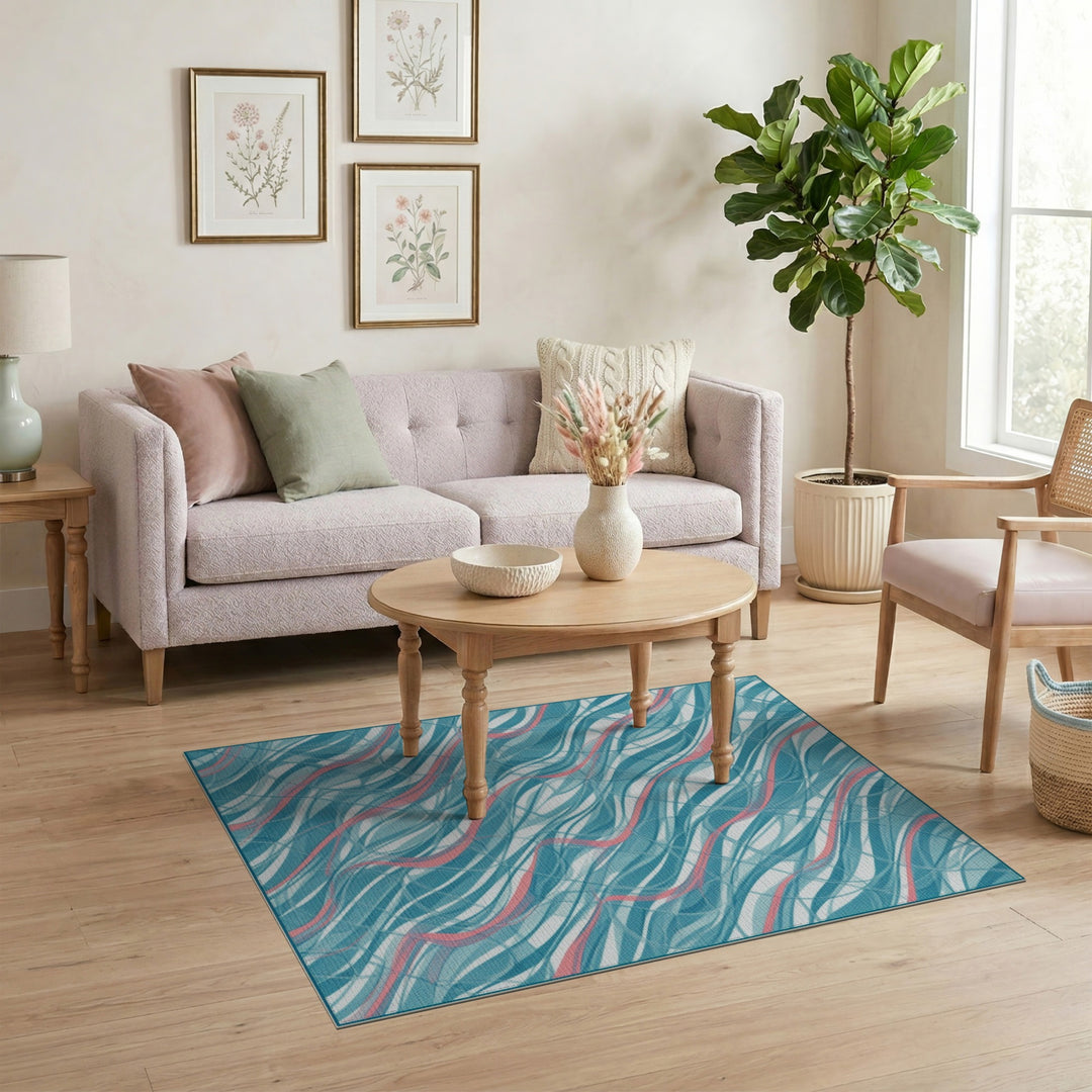 Blue Teal Wavy Abstract Area Rug