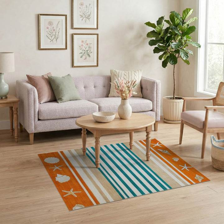 Teal Striped Coastal Seashell Area Rug