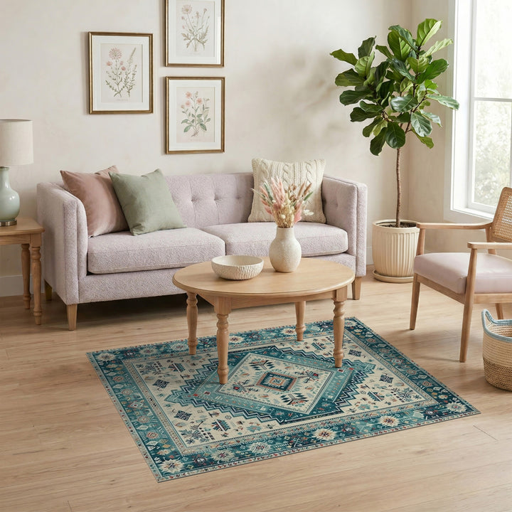 Blue and Teal Heritage Tribal Diamond Area Rug