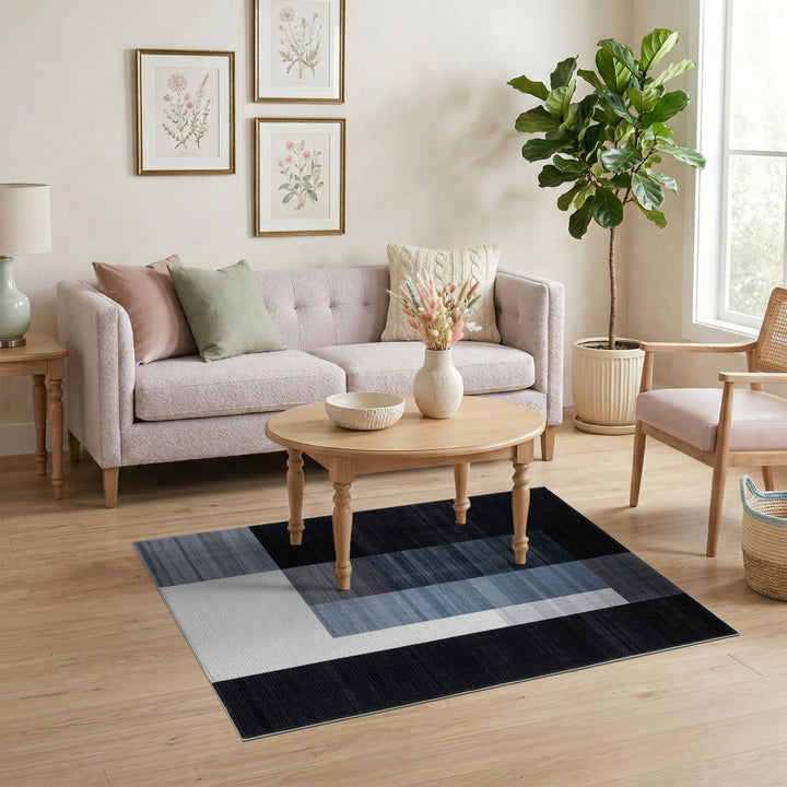 Black White Blue Geometric Area Rug