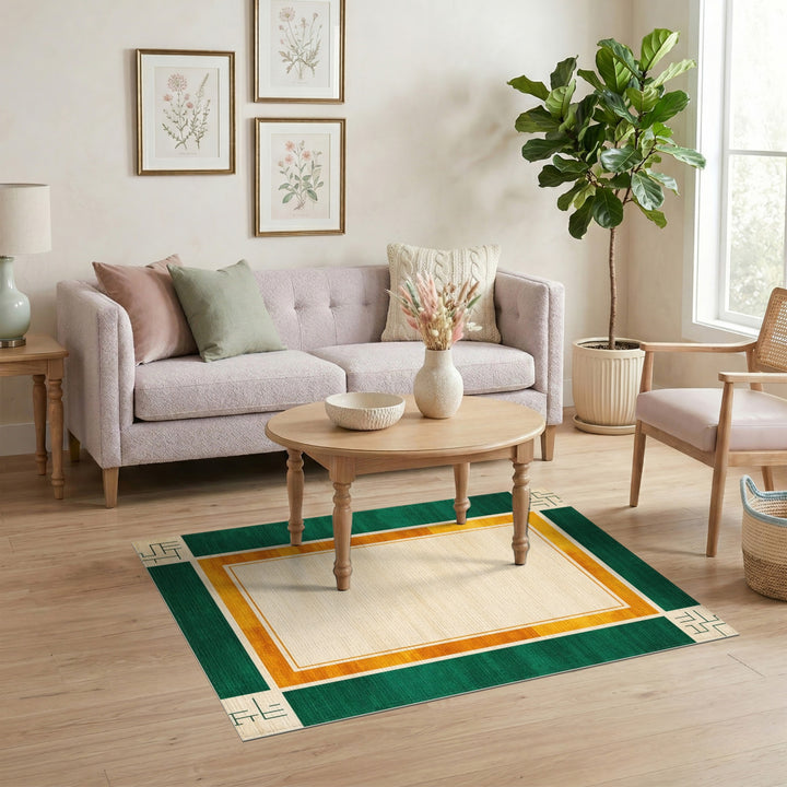 Green Geometric Area Rug with Orange Border