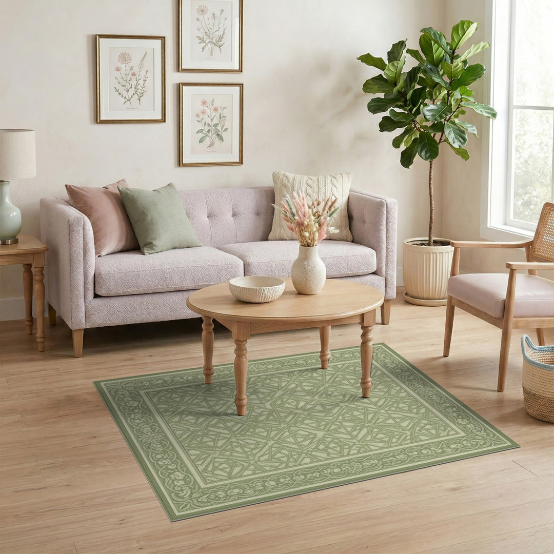 Green Geometric Area Rug with Floral Border