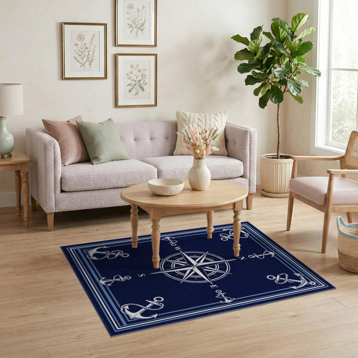 Navy Compass Anchor Coastal Area Rug