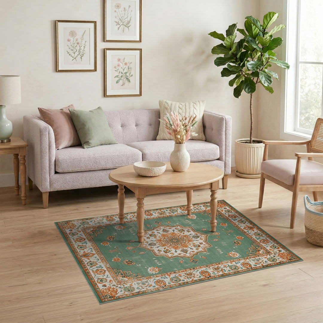 Distressed Vintage Green Distressed Medallion Area Rug