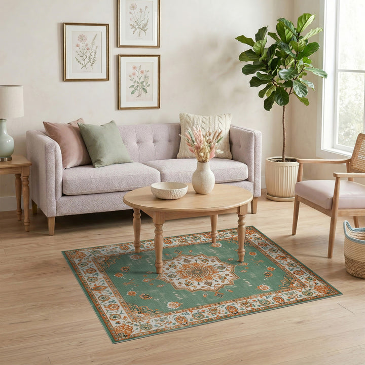 Distressed Vintage Green Distressed Medallion Area Rug