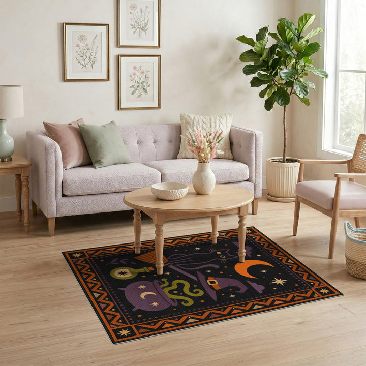 Enchanted Black Cat Witch Halloween Area Rug
