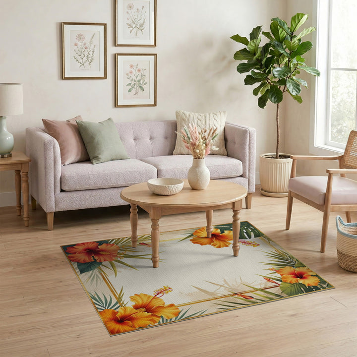 Orange Hibiscus Palm Border Area Rug