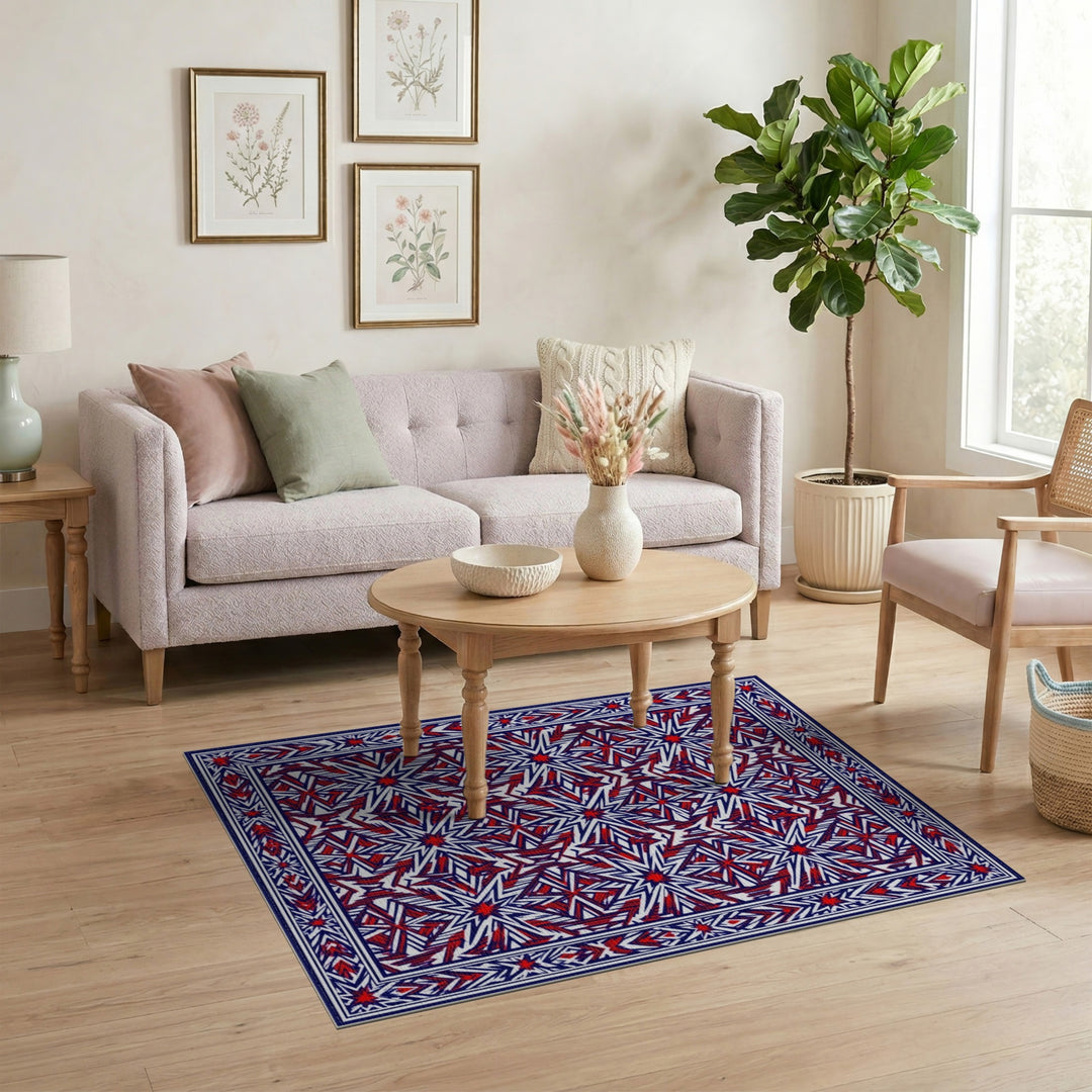 Red Blue Geometric Star Washable Area Rug