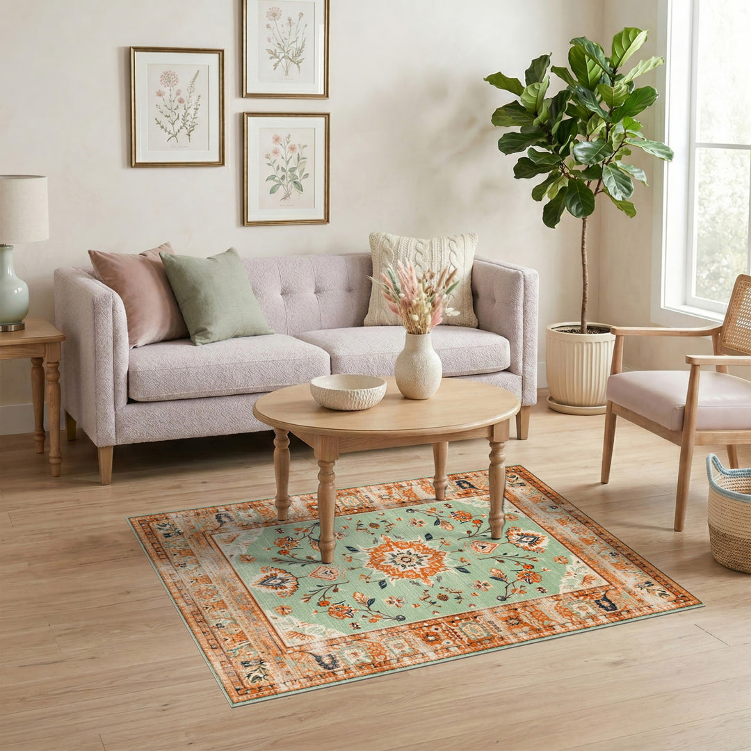 Vintage Green Floral Medallion Area Rug