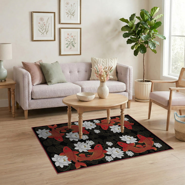 Red Koi Fish and Lotus Area Rug