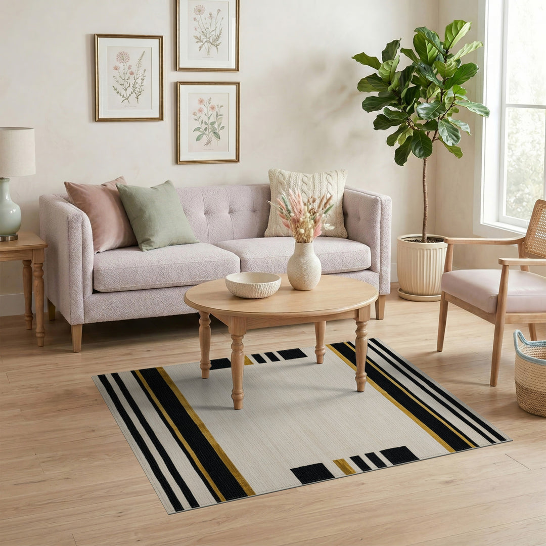 Black and White Black Gold Geometric Striped Area Rug