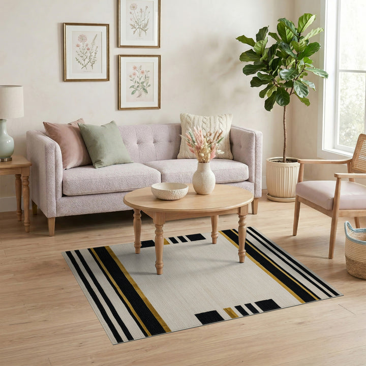Black and White Black Gold Geometric Striped Area Rug