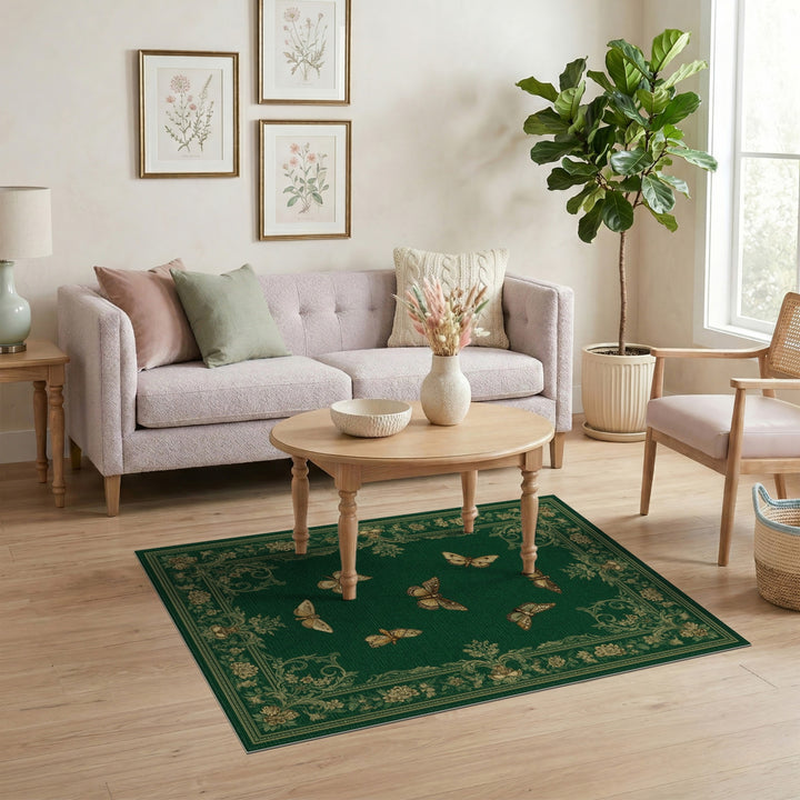 Green Vintage Butterfly Floral Area Rug