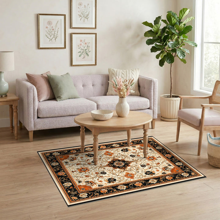 Black Orange Floral Vintage Area Rug