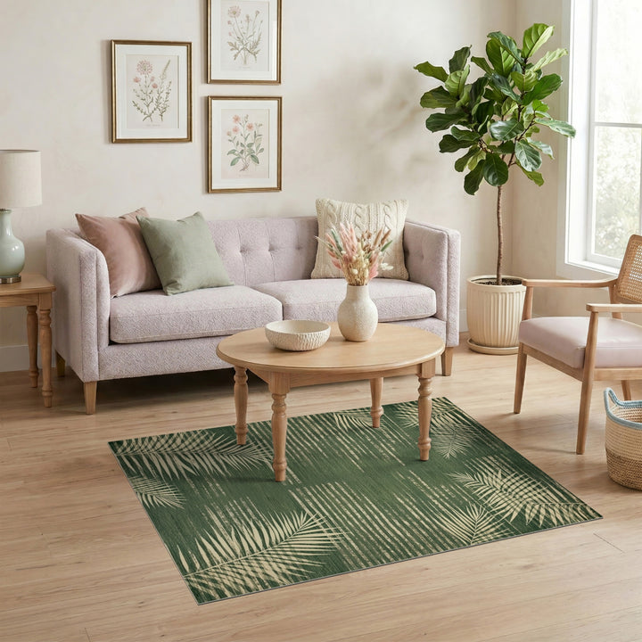 Green Palm Leaf Washable Area Rug