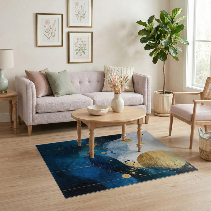 Blue and Teal Blue Gold Abstract Wave Area Rug