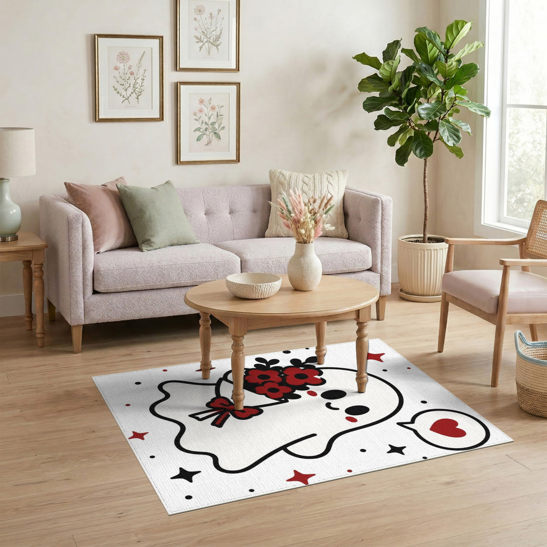 Cute Ghost with Red Flowers Kids Rug