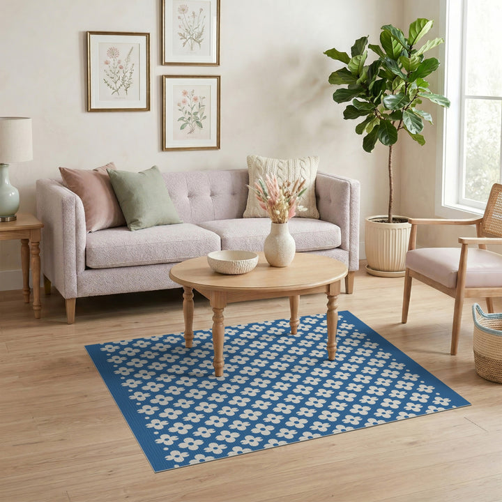 Blue and Teal Blue Floral Washable Area Rug