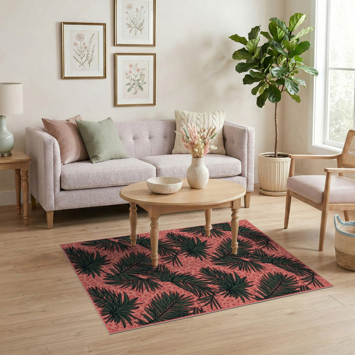 Pink Palm Leaf Leopard Area Rug
