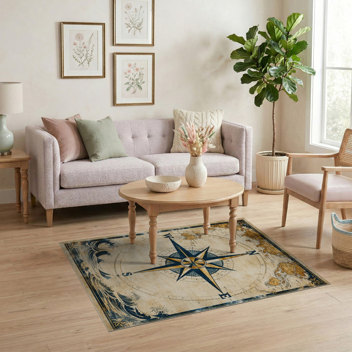 Vintage Compass World Map Area Rug