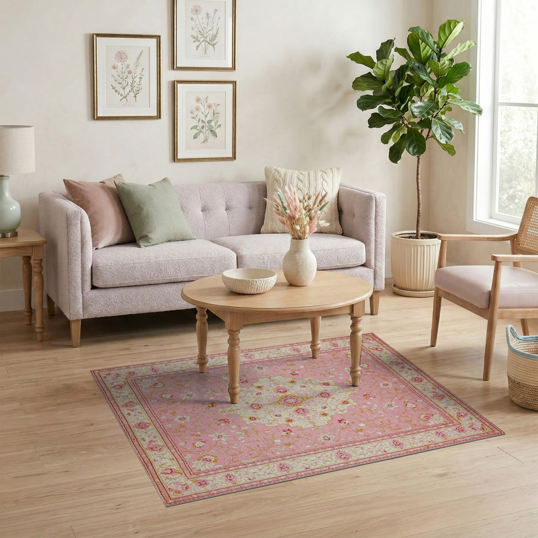Pink Floral Medallion Area Rug