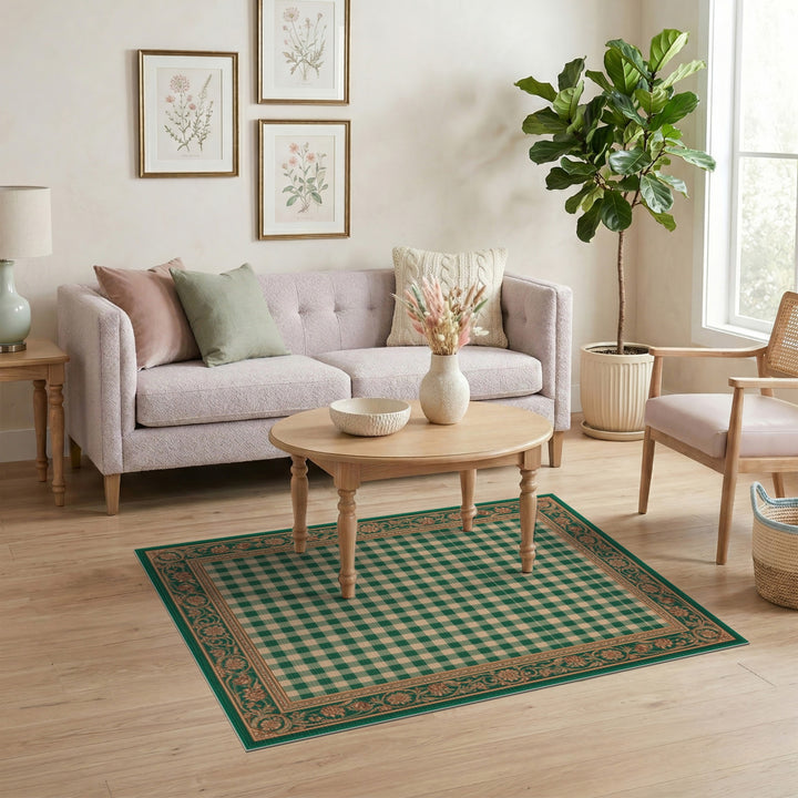 Green Gingham Checkered Rug with Floral Border