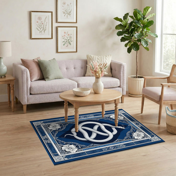 Coiled White Snake Blue Floral Area Rug