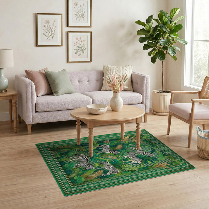Green Zebra Jungle Washable Area Rug