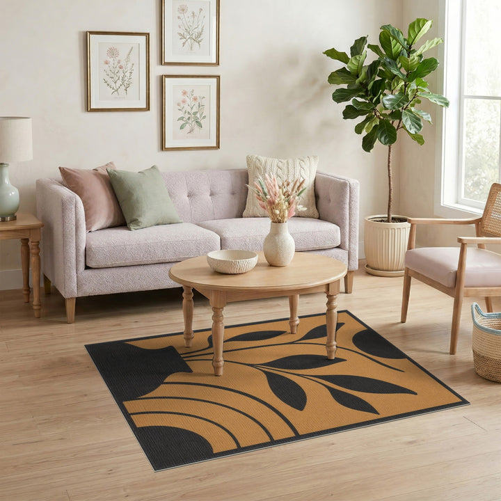Abstract Botanical Vase Area Rug in Brown Tan