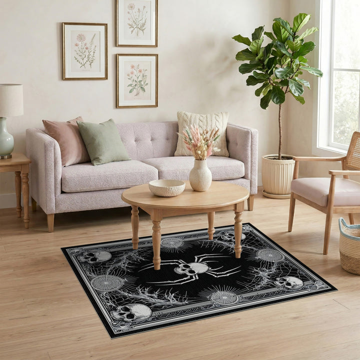 Skull Spider Black White Washable Area Rug