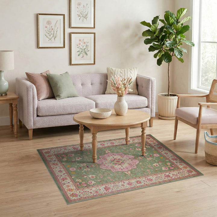 Green Floral Vintage Rug with Pink Medallion