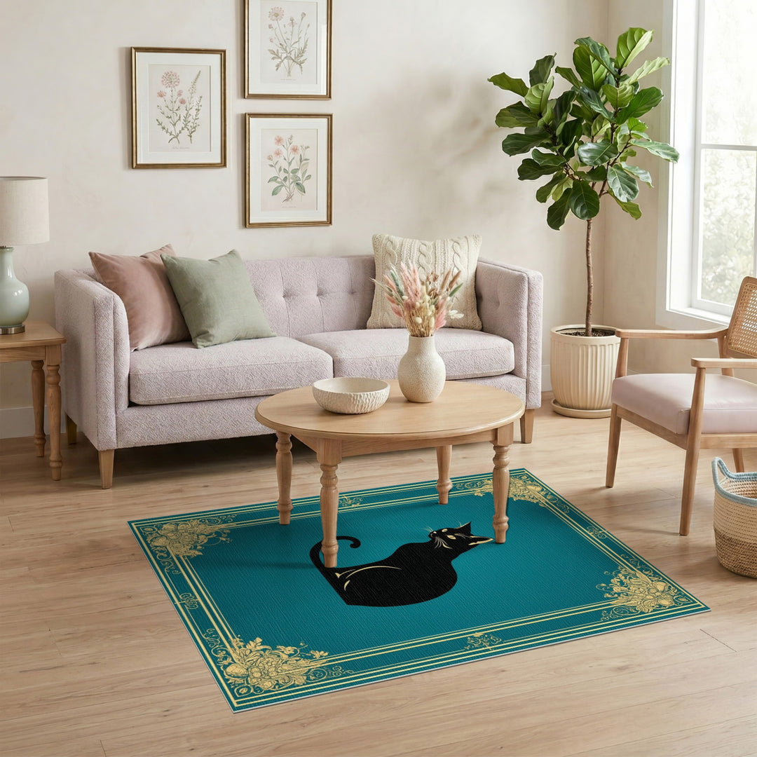 Black Cat Teal Floral Vintage Area Rug
