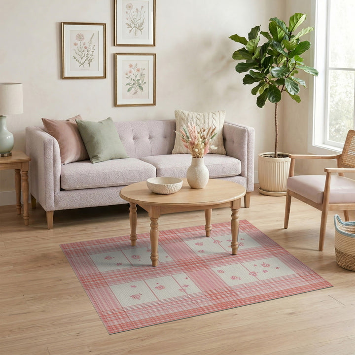 Pink Floral Gingham Area Rug