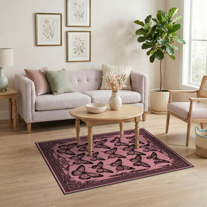 Pink Floral Vintage Pink Butterfly Vintage Area Rug