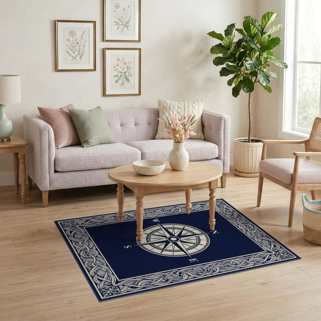 Navy Compass Rose Area Rug with Braided Border