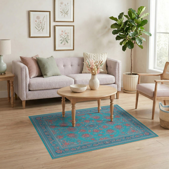 Teal Red Floral Medallion Area Rug