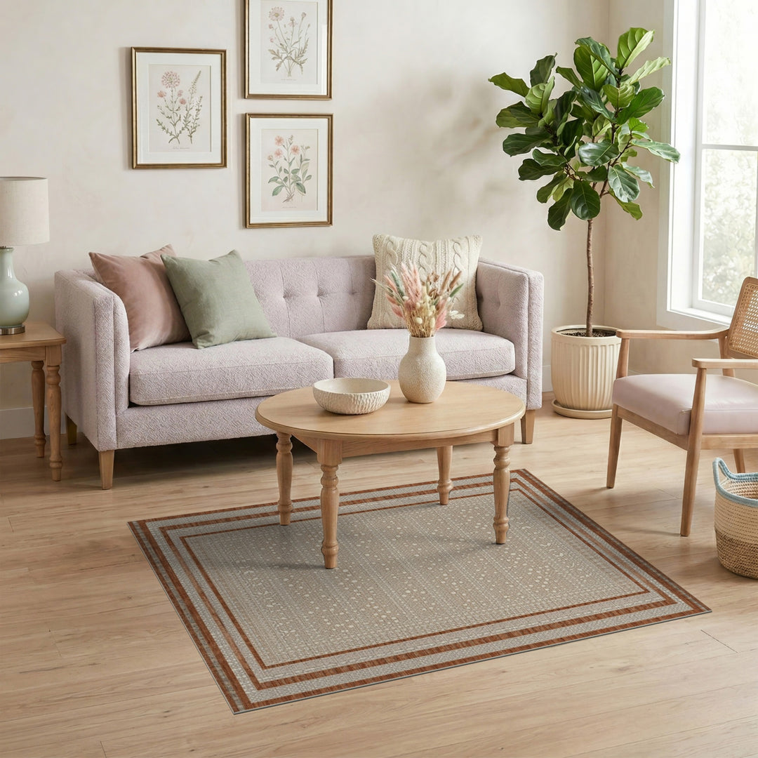 Beige Floral Border Area Rug with Tan Accents