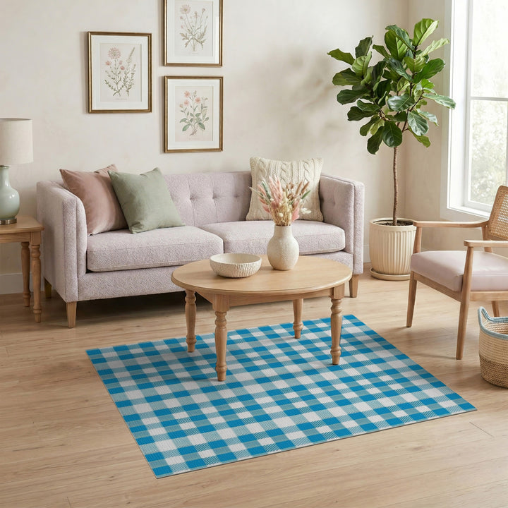 Blue Checkered Washable Blue and Teal Area Rug